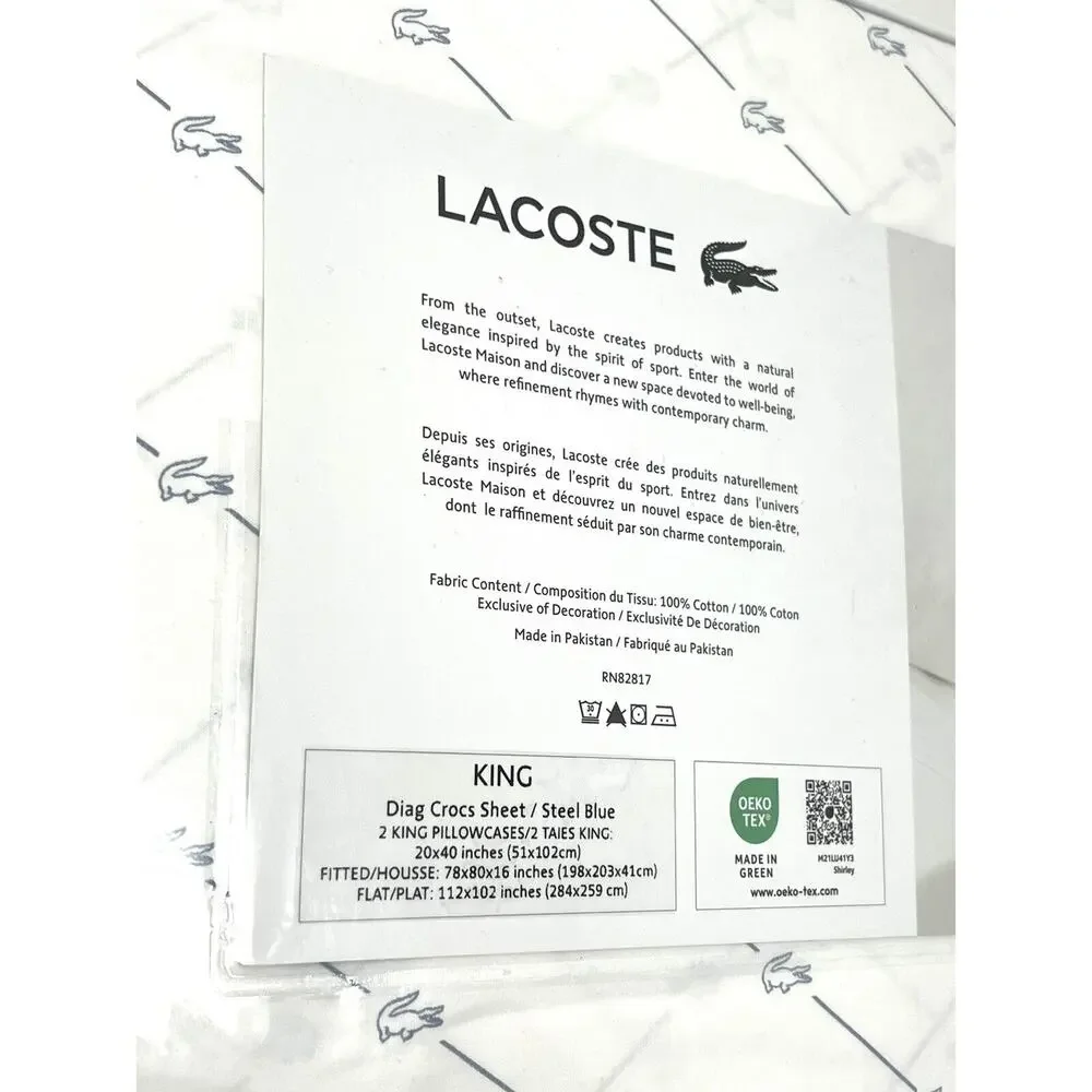Lacoste Crocodile Logo KING Sheet Set White Blue 100% Cotton Percale Alligator